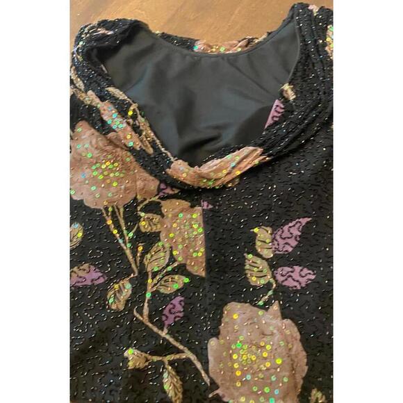 Andretta Donatello Elegant Silk Floral Beaded/ Sequenced Black Top - Picture 5 of 12